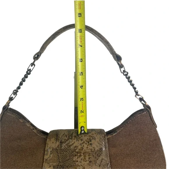Worth Patent Leather Snakeskin Print Foldover Button Top Handle Fabric Wool Bag - Picture 12 of 12